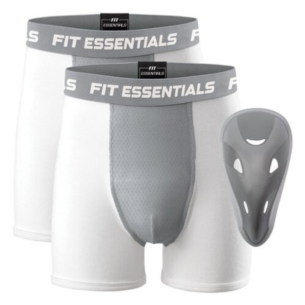 Fit Essentials Adult Performance Boxer with Cup - 2 Pack, White/Gray, Small, S